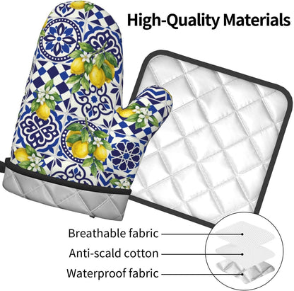 Lemon Oven Mitts and Pot Holders Sets Blue White Mediterranean Oven Mitts Heat Resistant Yellow Fruit Floral Boho Kitchen Gloves Hot Pads Two Piece Set for Summer Cooking Baking Grilling BBQ