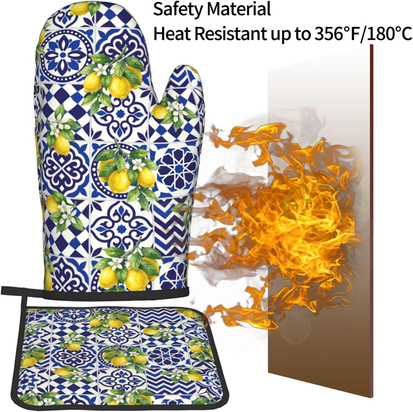 Lemon Oven Mitts and Pot Holders Sets Blue White Mediterranean Oven Mitts Heat Resistant Yellow Fruit Floral Boho Kitchen Gloves Hot Pads Two Piece Set for Summer Cooking Baking Grilling BBQ