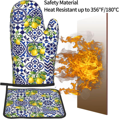 Lemon Oven Mitts and Pot Holders Sets Blue White Mediterranean Oven Mitts Heat Resistant Yellow Fruit Floral Boho Kitchen Gloves Hot Pads Two Piece Set for Summer Cooking Baking Grilling BBQ