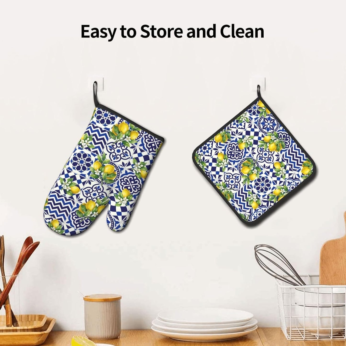 Lemon Oven Mitts and Pot Holders Sets Blue White Mediterranean Oven Mitts Heat Resistant Yellow Fruit Floral Boho Kitchen Gloves Hot Pads Two Piece Set for Summer Cooking Baking Grilling BBQ