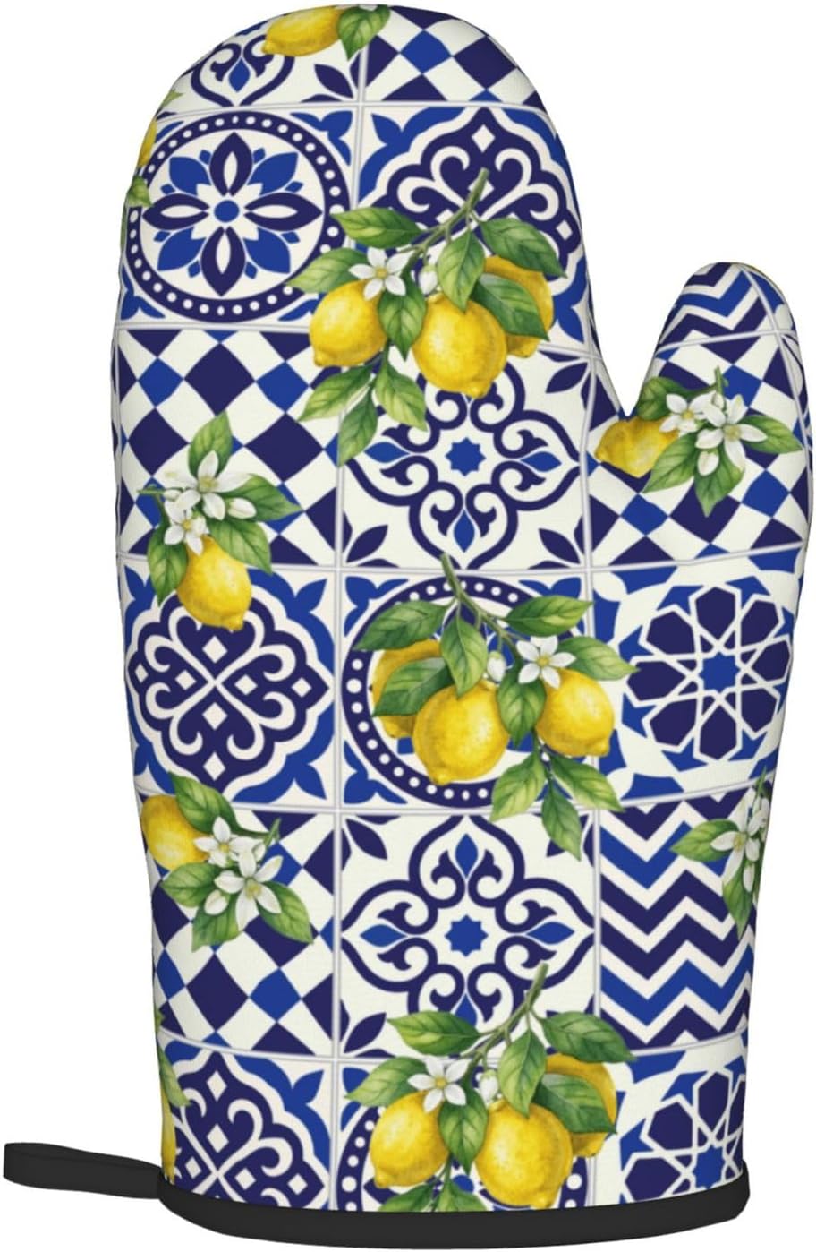 Lemon Oven Mitts and Pot Holders Sets Blue White Mediterranean Oven Mitts Heat Resistant Yellow Fruit Floral Boho Kitchen Gloves Hot Pads Two Piece Set for Summer Cooking Baking Grilling BBQ