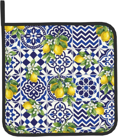 Lemon Oven Mitts and Pot Holders Sets Blue White Mediterranean Oven Mitts Heat Resistant Yellow Fruit Floral Boho Kitchen Gloves Hot Pads Two Piece Set for Summer Cooking Baking Grilling BBQ