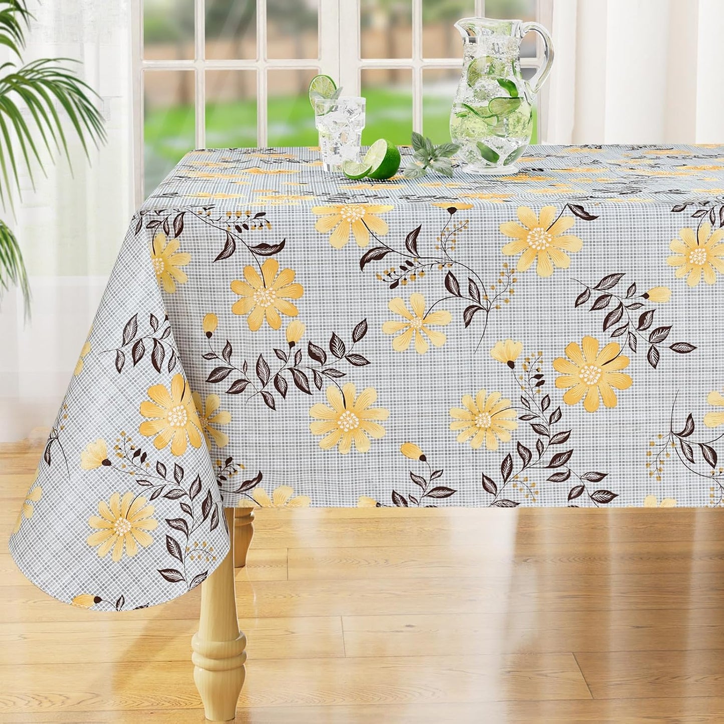 Square Waterproof Vinyl Table Cloth, Wipeable Tablecloth with Flannel Backing, Plastic Table Cover for Dinner, Picnic, Indoor and Outdoor (Yellow Flowers, 54" x 54")