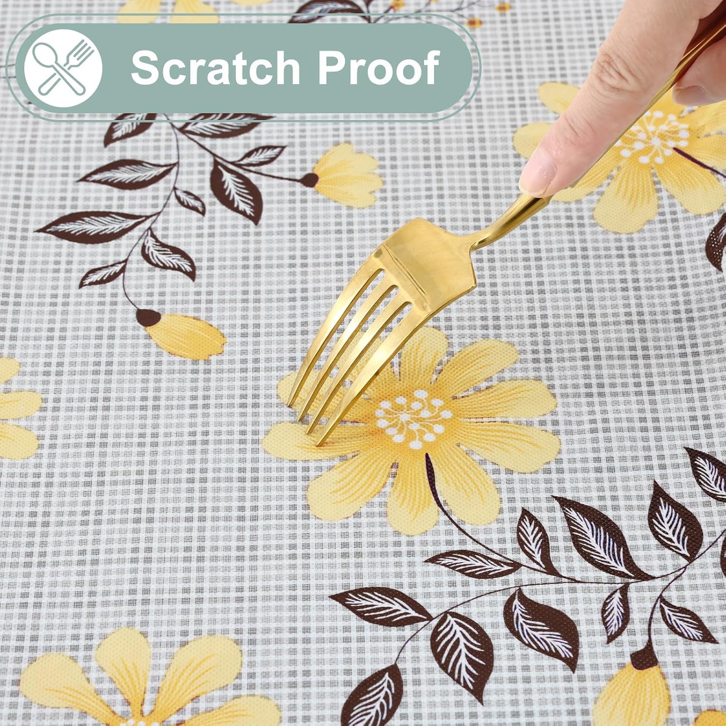 Square Waterproof Vinyl Table Cloth, Wipeable Tablecloth with Flannel Backing, Plastic Table Cover for Dinner, Picnic, Indoor and Outdoor (Yellow Flowers, 54" x 54")