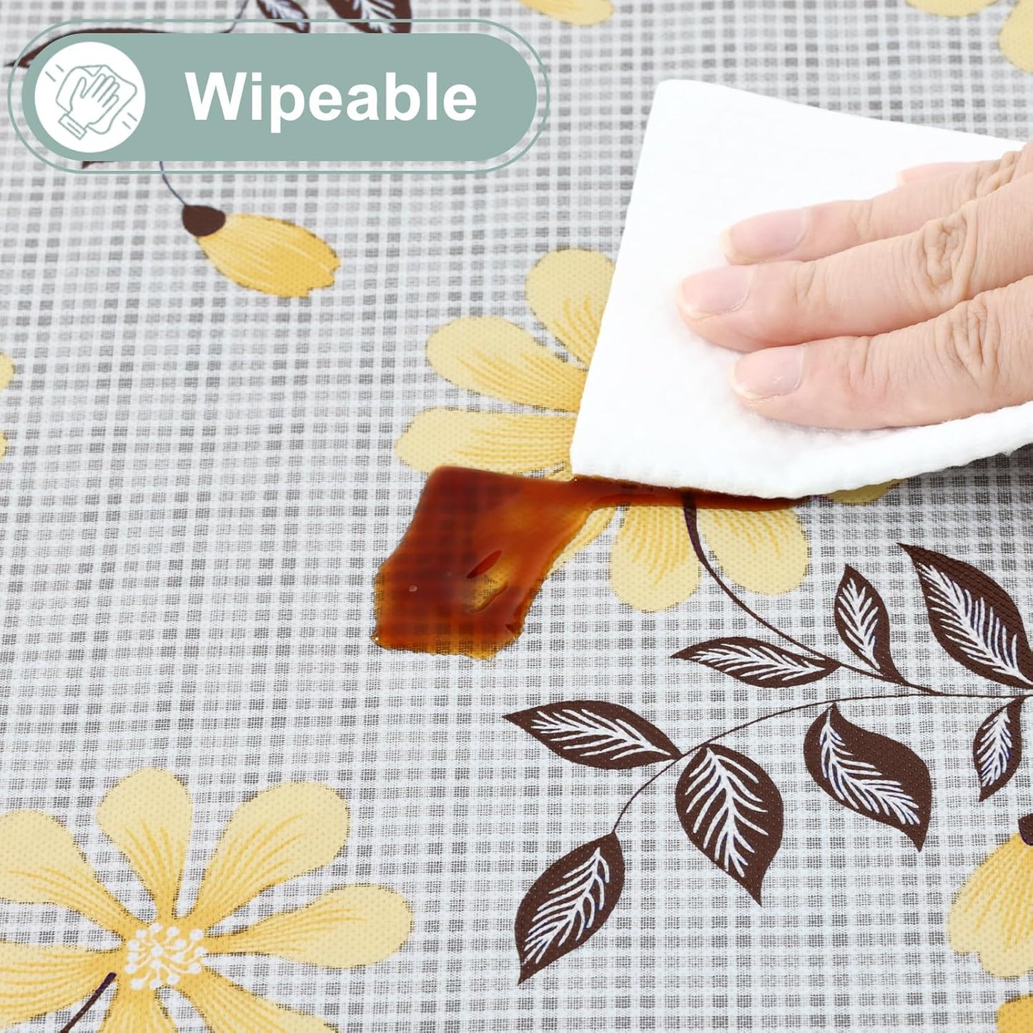 Square Waterproof Vinyl Table Cloth, Wipeable Tablecloth with Flannel Backing, Plastic Table Cover for Dinner, Picnic, Indoor and Outdoor (Yellow Flowers, 54" x 54")