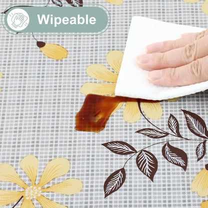 Square Waterproof Vinyl Table Cloth, Wipeable Tablecloth with Flannel Backing, Plastic Table Cover for Dinner, Picnic, Indoor and Outdoor (Yellow Flowers, 54" x 54")