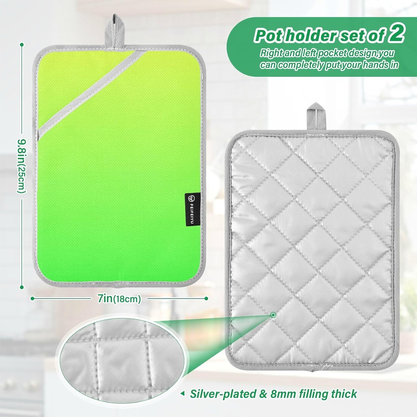 2 Pack Pot Holders, Solid Color Light Yellow Green Gradient Oven Mitts Quilted Liner Trivets for Countertops Hot Pots and Pans, Square 7x9.8 in