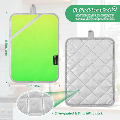 2 Pack Pot Holders, Solid Color Light Yellow Green Gradient Oven Mitts Quilted Liner Trivets for Countertops Hot Pots and Pans, Square 7x9.8 in