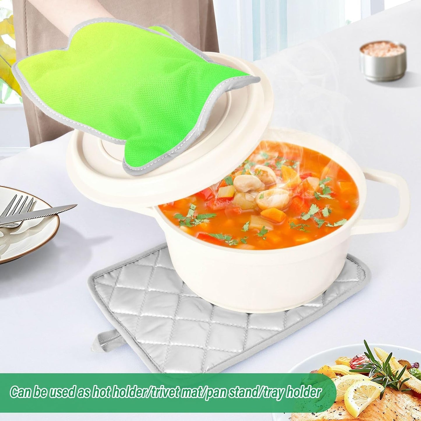 2 Pack Pot Holders, Solid Color Light Yellow Green Gradient Oven Mitts Quilted Liner Trivets for Countertops Hot Pots and Pans, Square 7x9.8 in
