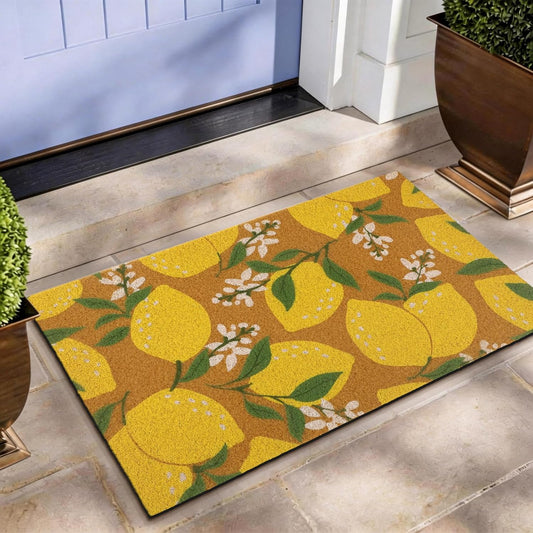 Outdoor Lemon Door Mat with Floral Design, Non Slip Coir Doormat for Front Door Entryway, 29 x 17 Inch, Mediterranean Summer Welcome Rug for Porch Patio Farmhouse Decor