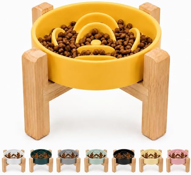 Petygooing Elevated Slow Feeder Ceramic Dog Bowls 8.26in, Slow Feeder Elevated Bowl for Small&Medium, Ceramic Slow Feeder Heavy Weighted Non-Toxic Non-Slip Puzzle Maze (Yellow, 8.26in)
