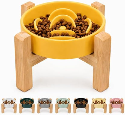 Petygooing Elevated Slow Feeder Ceramic Dog Bowls 8.26in, Slow Feeder Elevated Bowl for Small&Medium, Ceramic Slow Feeder Heavy Weighted Non-Toxic Non-Slip Puzzle Maze (Yellow, 8.26in)