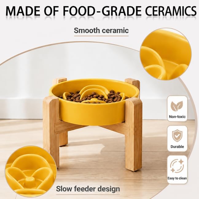 Petygooing Elevated Slow Feeder Ceramic Dog Bowls 8.26in, Slow Feeder Elevated Bowl for Small&Medium, Ceramic Slow Feeder Heavy Weighted Non-Toxic Non-Slip Puzzle Maze (Yellow, 8.26in)
