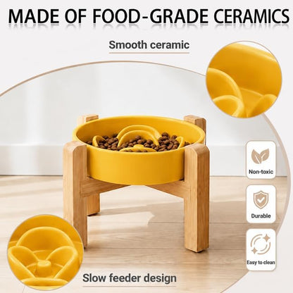 Petygooing Elevated Slow Feeder Ceramic Dog Bowls 8.26in, Slow Feeder Elevated Bowl for Small&Medium, Ceramic Slow Feeder Heavy Weighted Non-Toxic Non-Slip Puzzle Maze (Yellow, 8.26in)
