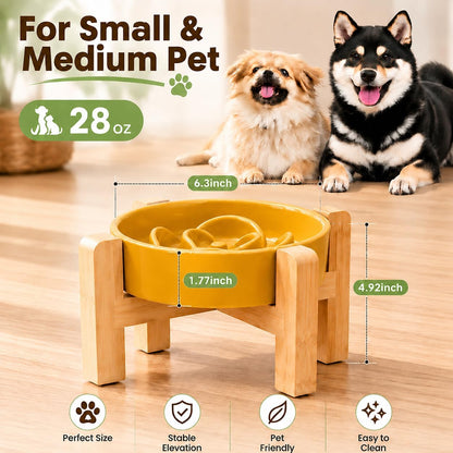 Petygooing Elevated Slow Feeder Ceramic Dog Bowls 8.26in, Slow Feeder Elevated Bowl for Small&Medium, Ceramic Slow Feeder Heavy Weighted Non-Toxic Non-Slip Puzzle Maze (Yellow, 8.26in)
