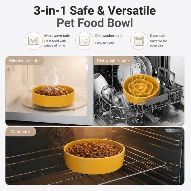 Petygooing Elevated Slow Feeder Ceramic Dog Bowls 8.26in, Slow Feeder Elevated Bowl for Small&Medium, Ceramic Slow Feeder Heavy Weighted Non-Toxic Non-Slip Puzzle Maze (Yellow, 8.26in)