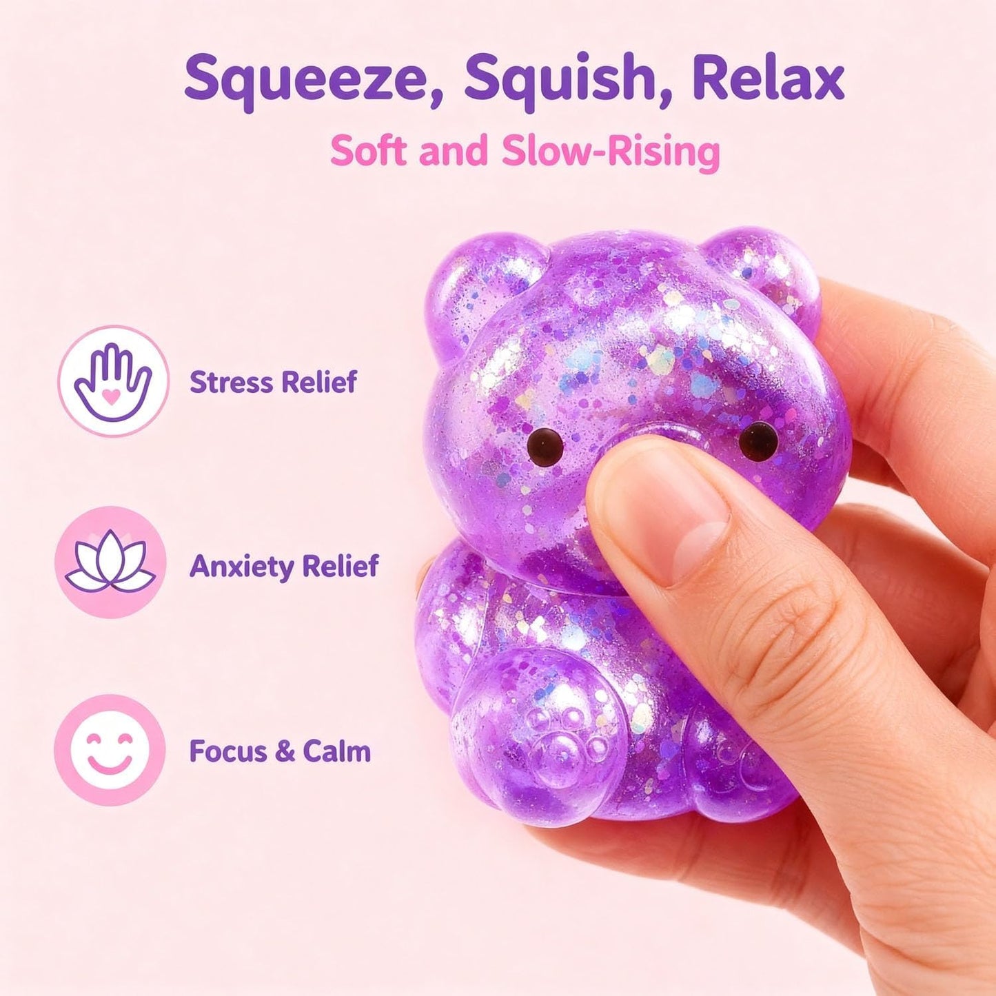 1 PC Bear Squishy, Slow Rising Stress Relief Fidget Toys for Adults, Purple | Glitter Bear-Shaped Sensory Squeeze Toys, Calm Anxiety, Portable, Safe TPR Material, Soft Hand Toy for Office, Home or Travel