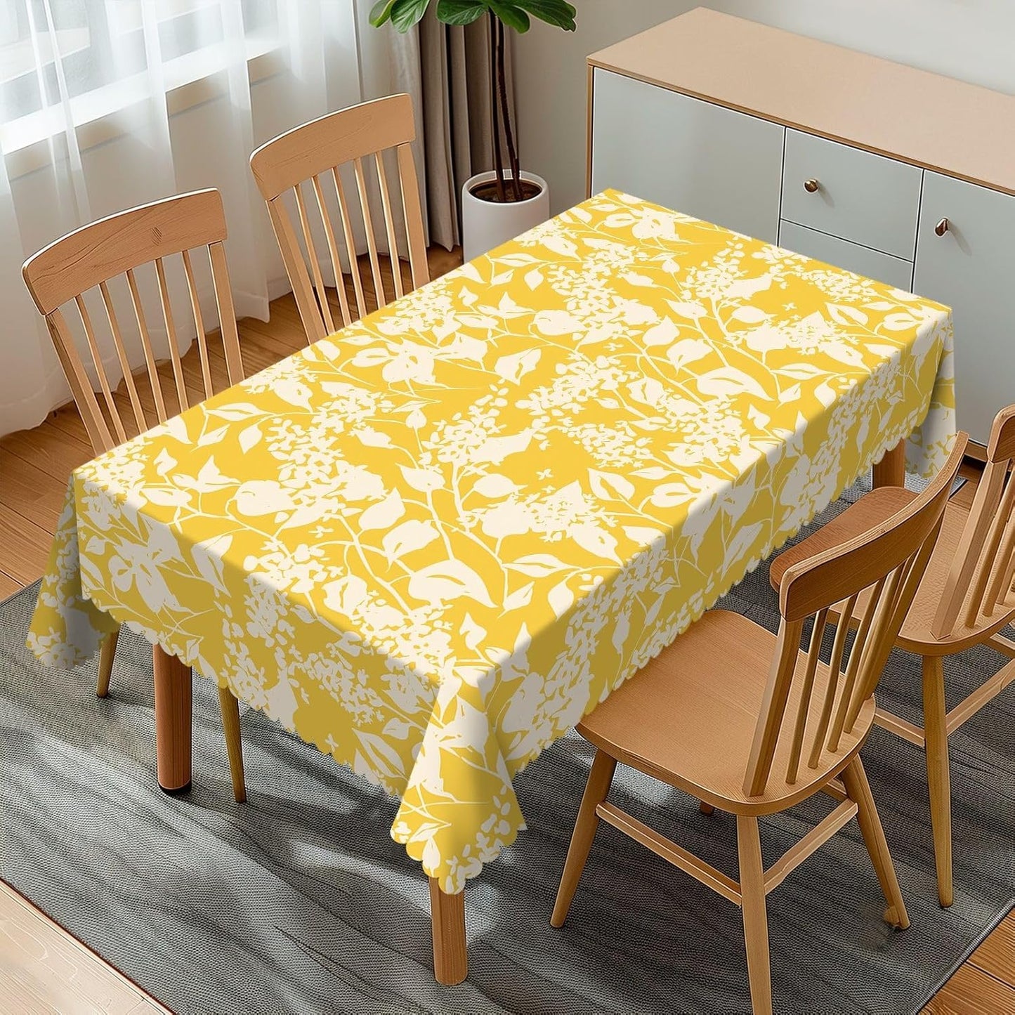 Bright Flowers Blooming Rectangular Tablecloth, Yellow Floral 54x72 Inch Wavy Lace Border Polyester Table Cloth for Dining, Kitchen, Parties