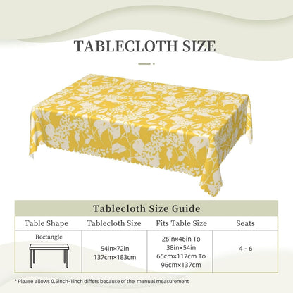 Bright Flowers Blooming Rectangular Tablecloth, Yellow Floral 54x72 Inch Wavy Lace Border Polyester Table Cloth for Dining, Kitchen, Parties