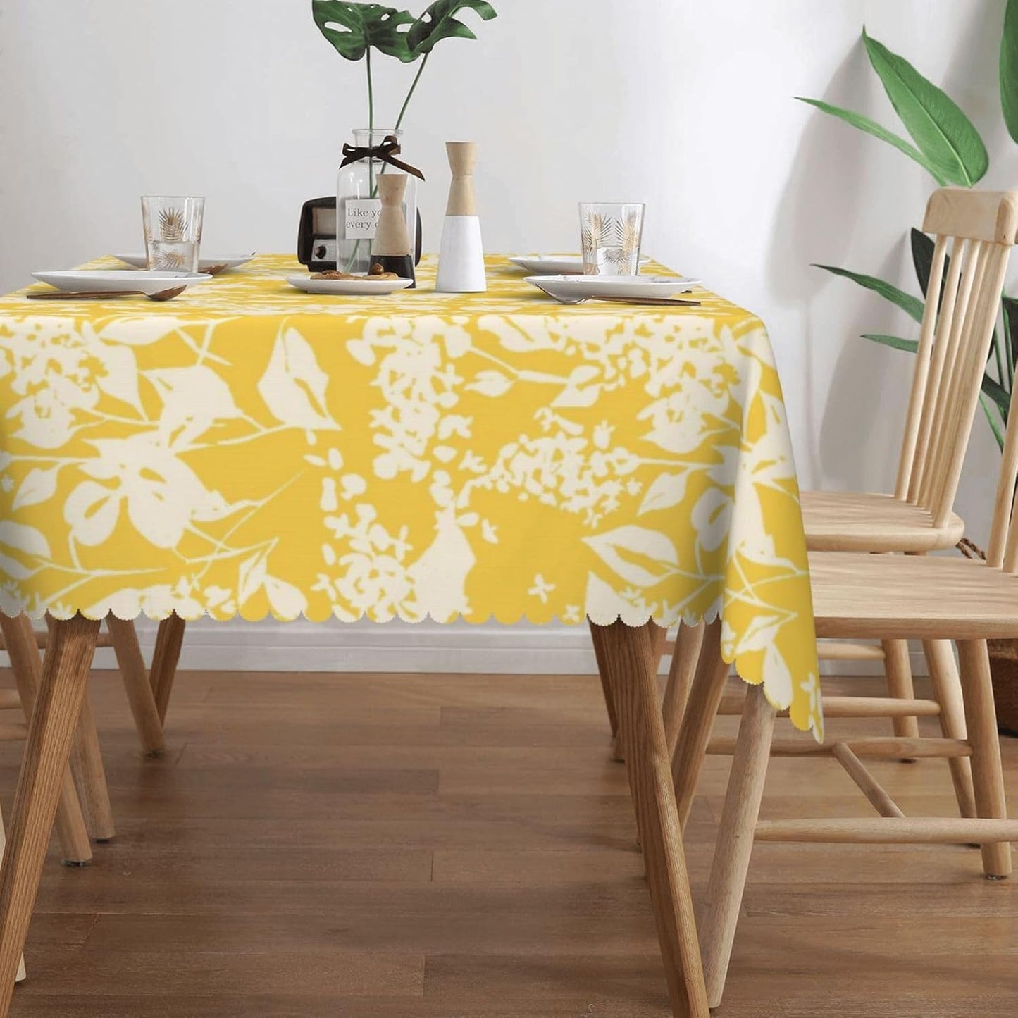 Bright Flowers Blooming Rectangular Tablecloth, Yellow Floral 54x72 Inch Wavy Lace Border Polyester Table Cloth for Dining, Kitchen, Parties
