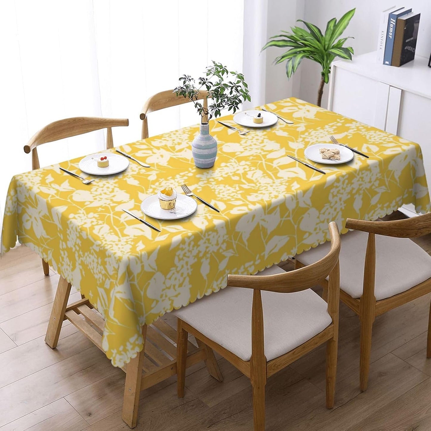 Bright Flowers Blooming Rectangular Tablecloth, Yellow Floral 54x72 Inch Wavy Lace Border Polyester Table Cloth for Dining, Kitchen, Parties