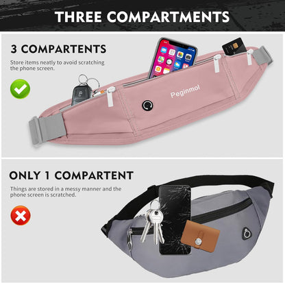 Slim Running Belt Fanny Pack, Waist Pack Bag for Women Men, Running Pouch for Phone Waterproof Reflective with 3 Pouches, Running Phone Holder for Sports, Traveling (Pink)
