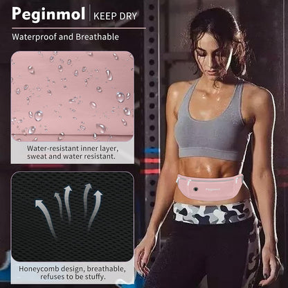 Slim Running Belt Fanny Pack, Waist Pack Bag for Women Men, Running Pouch for Phone Waterproof Reflective with 3 Pouches, Running Phone Holder for Sports, Traveling (Pink)