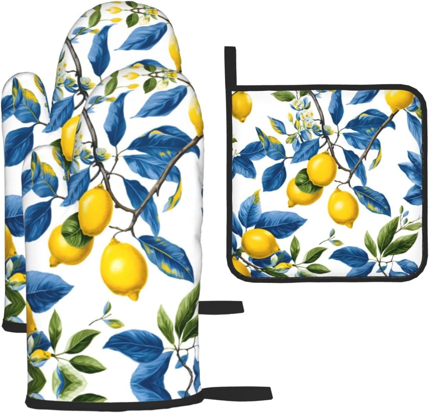 Lemon and Blue Leaves Oven Mitts and Pot Holders Sets of 3 Heat Resistant Non Slip Oven Gloves Hot Pads for Kitchen Cooking Baking Grilling BBQ