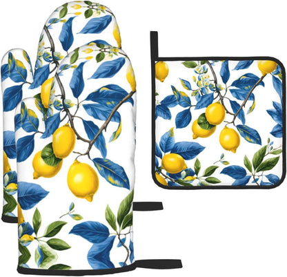 Lemon and Blue Leaves Oven Mitts and Pot Holders Sets of 3 Heat Resistant Non Slip Oven Gloves Hot Pads for Kitchen Cooking Baking Grilling BBQ