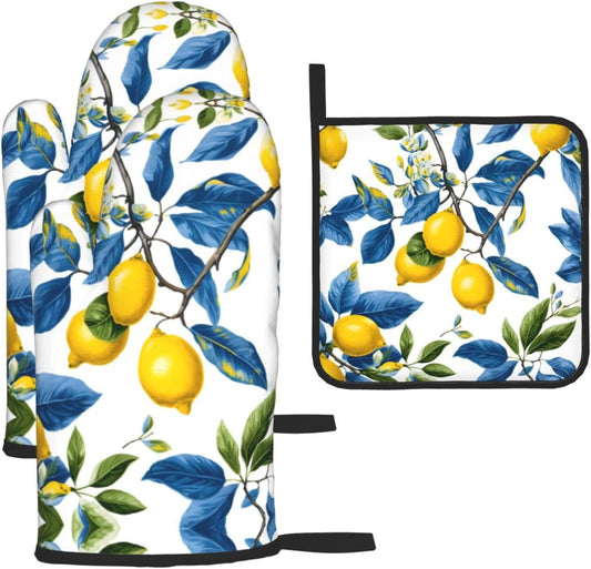 Lemon and Blue Leaves Oven Mitts and Pot Holders Sets of 3 Heat Resistant Non Slip Oven Gloves Hot Pads for Kitchen Cooking Baking Grilling BBQ