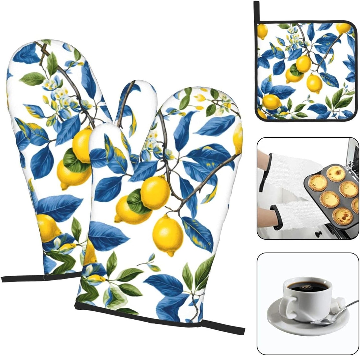 Lemon and Blue Leaves Oven Mitts and Pot Holders Sets of 3 Heat Resistant Non Slip Oven Gloves Hot Pads for Kitchen Cooking Baking Grilling BBQ