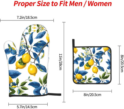 Lemon and Blue Leaves Oven Mitts and Pot Holders Sets of 3 Heat Resistant Non Slip Oven Gloves Hot Pads for Kitchen Cooking Baking Grilling BBQ