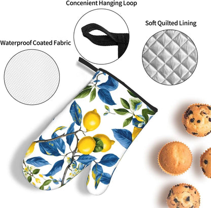 Lemon and Blue Leaves Oven Mitts and Pot Holders Sets of 3 Heat Resistant Non Slip Oven Gloves Hot Pads for Kitchen Cooking Baking Grilling BBQ