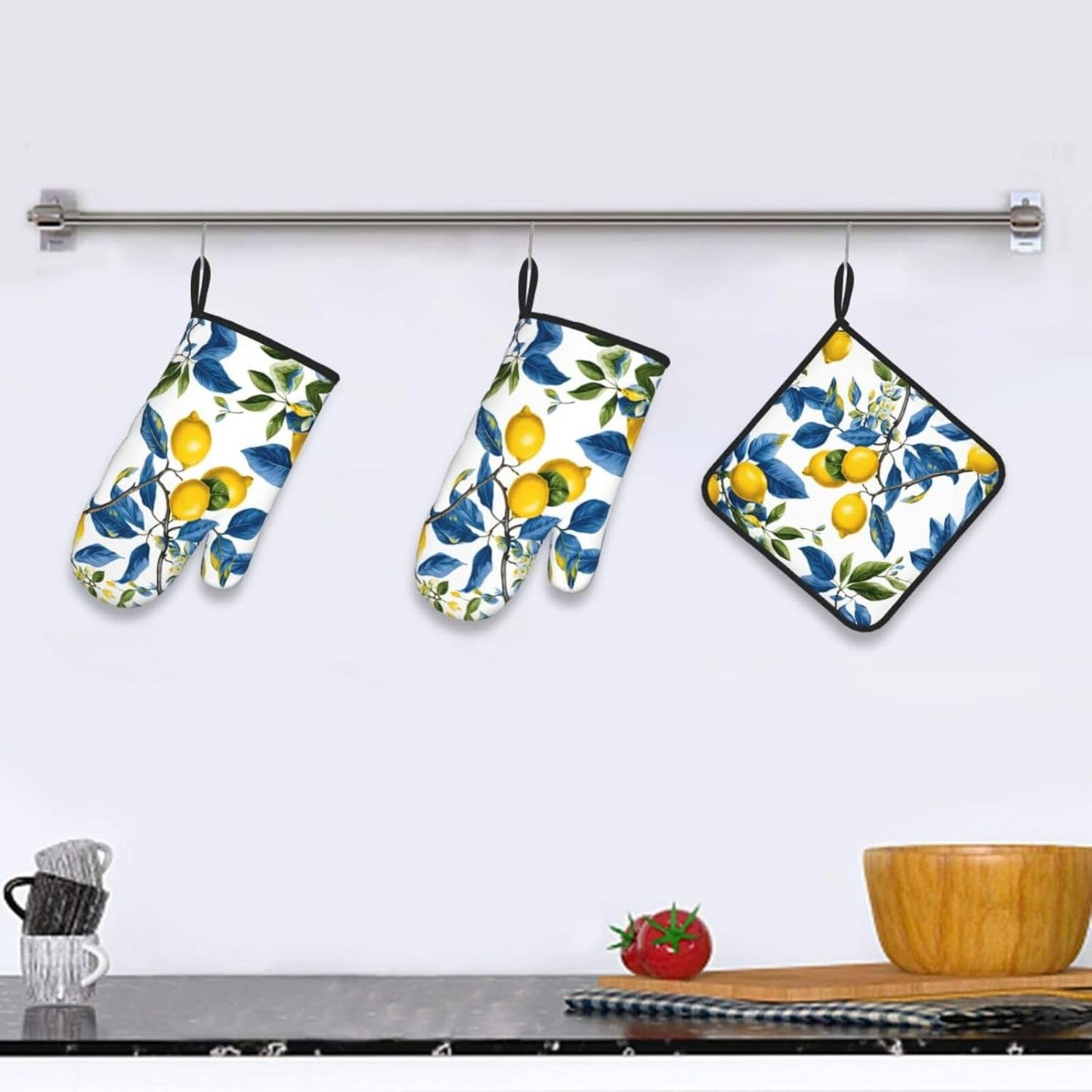 Lemon and Blue Leaves Oven Mitts and Pot Holders Sets of 3 Heat Resistant Non Slip Oven Gloves Hot Pads for Kitchen Cooking Baking Grilling BBQ