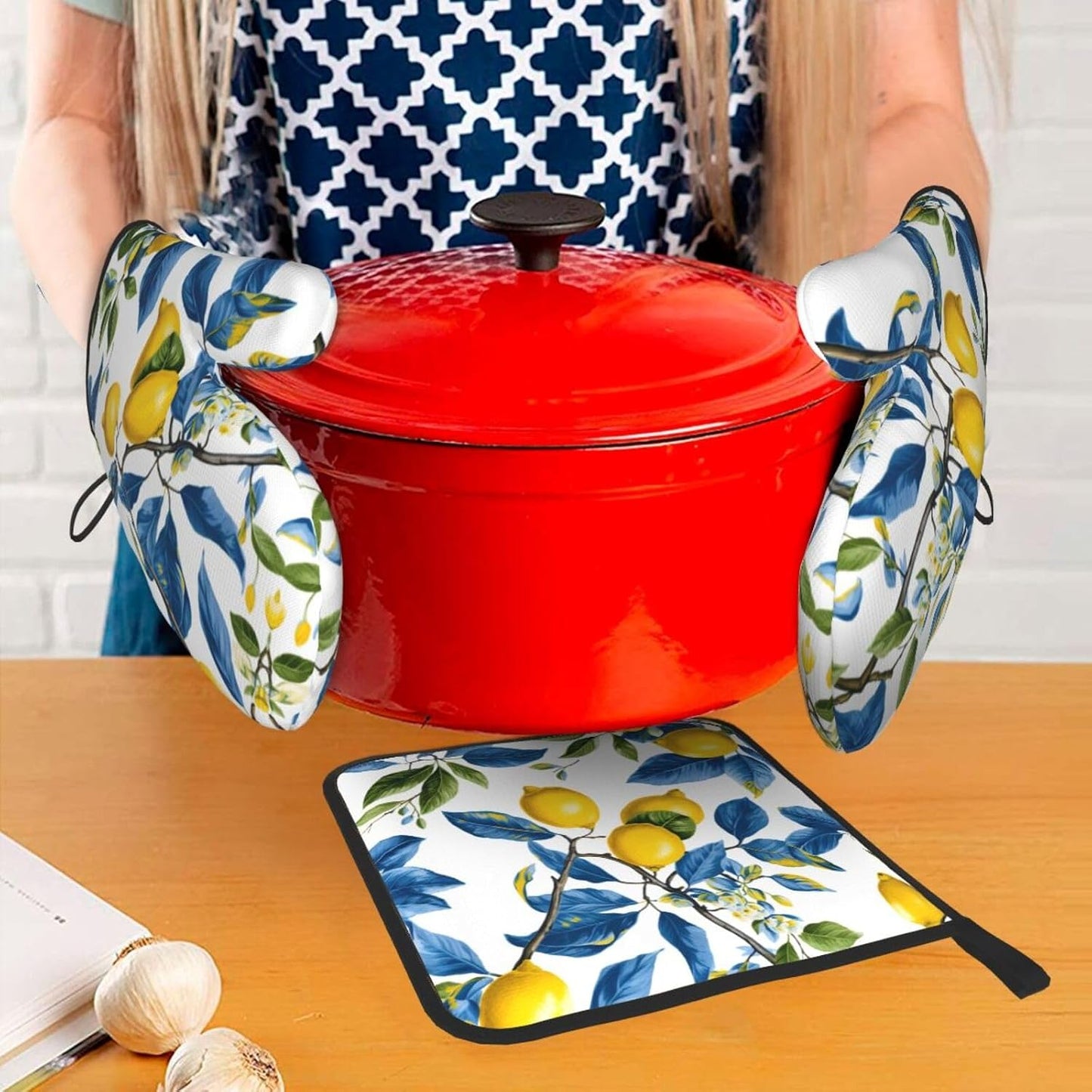 Lemon and Blue Leaves Oven Mitts and Pot Holders Sets of 3 Heat Resistant Non Slip Oven Gloves Hot Pads for Kitchen Cooking Baking Grilling BBQ