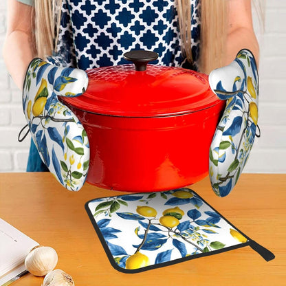 Lemon and Blue Leaves Oven Mitts and Pot Holders Sets of 3 Heat Resistant Non Slip Oven Gloves Hot Pads for Kitchen Cooking Baking Grilling BBQ