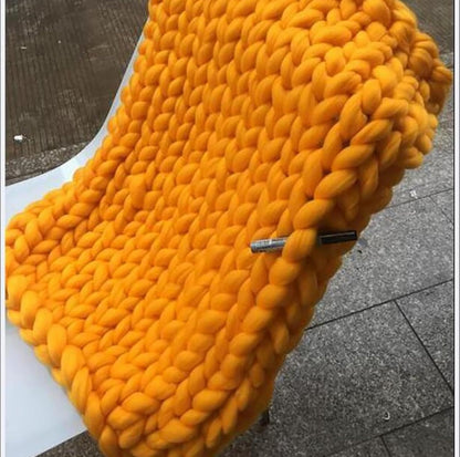 Chunky Knit Blanket Throw Soft Chunky Wool Yarn Big Knitted Throw Blanket 100% Hand Knit Warm & Cozy Blanket Couch Bed Home Decor Soft Breathable Fleece Throw,Yellow,60x60cm(24x24inch)