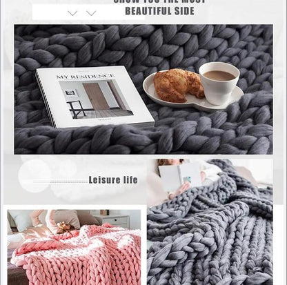 Chunky Knit Blanket Throw Soft Chunky Wool Yarn Big Knitted Throw Blanket 100% Hand Knit Warm & Cozy Blanket Couch Bed Home Decor Soft Breathable Fleece Throw,Yellow,60x60cm(24x24inch)