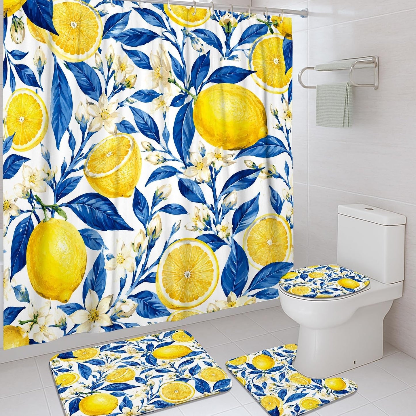 Lemon Shower Curtain Sets, Summer Tropical Leaf Flower Summer Yellow Polyester Waterproof Bathroom Set with Print Cloth Curtains and Rugs Decorative for Toile Guest Room 72x72 Inch