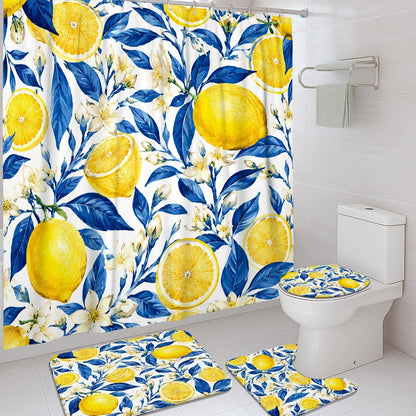 Lemon Shower Curtain Sets, Summer Tropical Leaf Flower Summer Yellow Polyester Waterproof Bathroom Set with Print Cloth Curtains and Rugs Decorative for Toile Guest Room 72x72 Inch