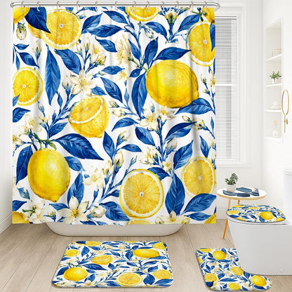 Lemon Shower Curtain Sets, Summer Tropical Leaf Flower Summer Yellow Polyester Waterproof Bathroom Set with Print Cloth Curtains and Rugs Decorative for Toile Guest Room 72x72 Inch