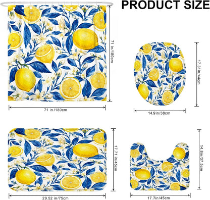Lemon Shower Curtain Sets, Summer Tropical Leaf Flower Summer Yellow Polyester Waterproof Bathroom Set with Print Cloth Curtains and Rugs Decorative for Toile Guest Room 72x72 Inch