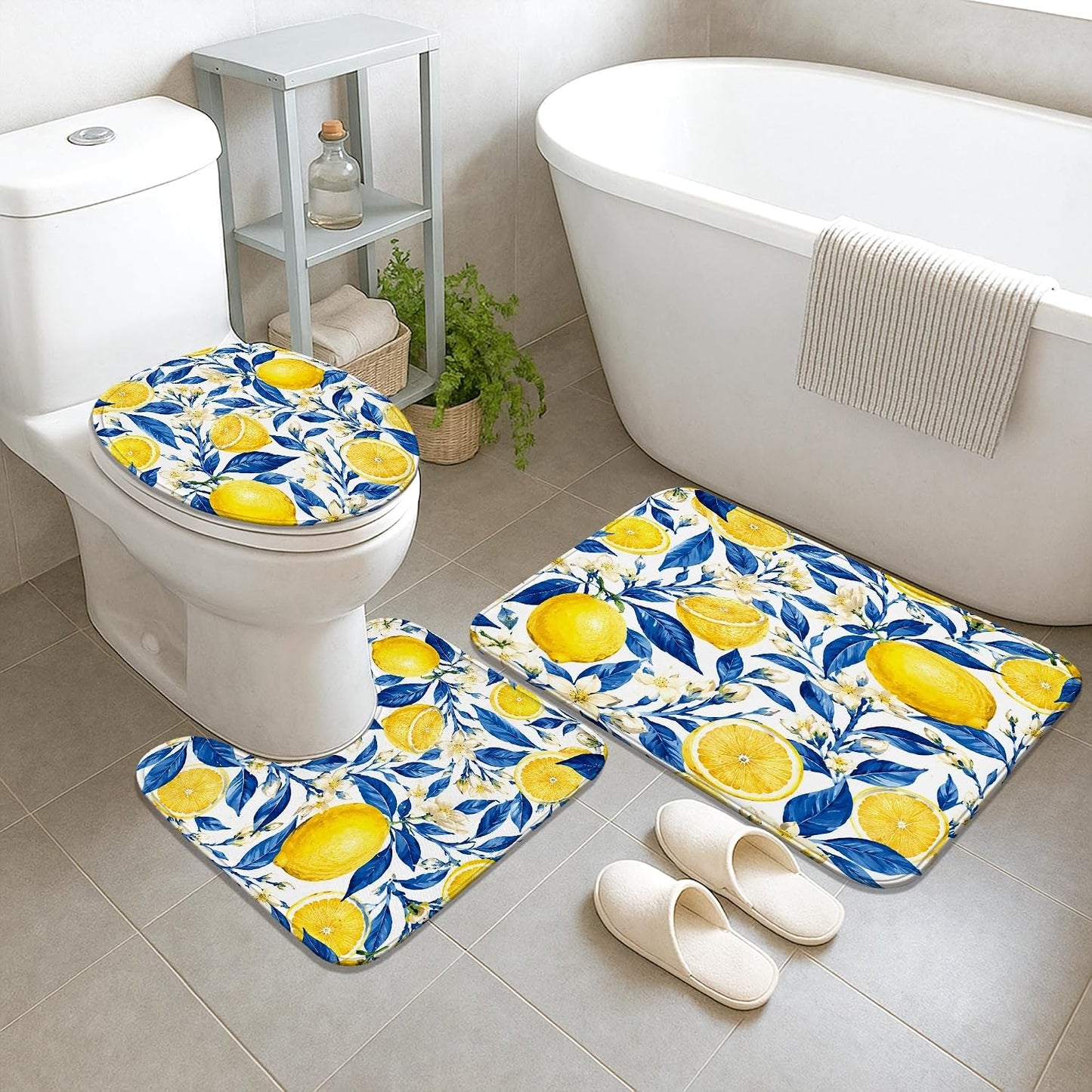 Lemon Shower Curtain Sets, Summer Tropical Leaf Flower Summer Yellow Polyester Waterproof Bathroom Set with Print Cloth Curtains and Rugs Decorative for Toile Guest Room 72x72 Inch