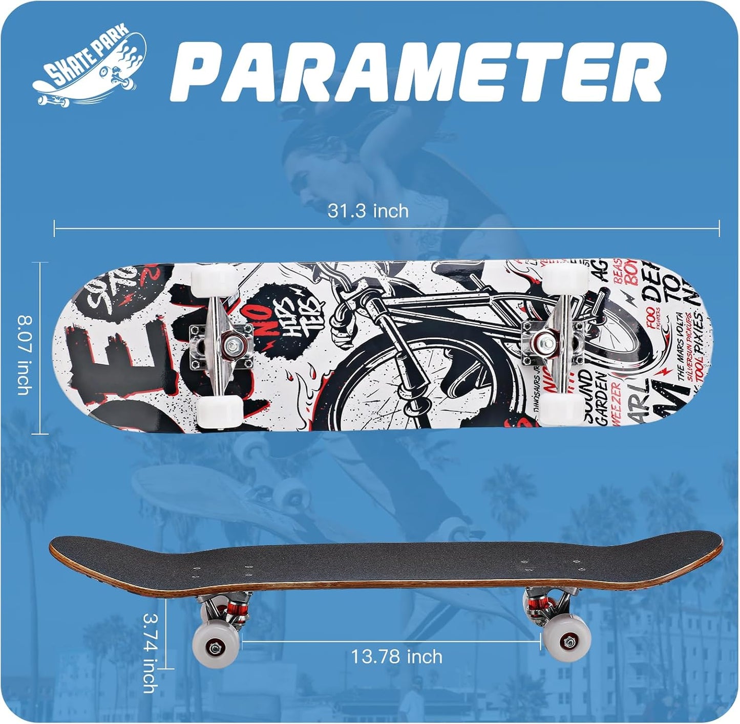 Cartoon Professional Double Kick Skateboard, 31 inch Maple Deck, ABEC-11 Bearings, 95A PU Wheels