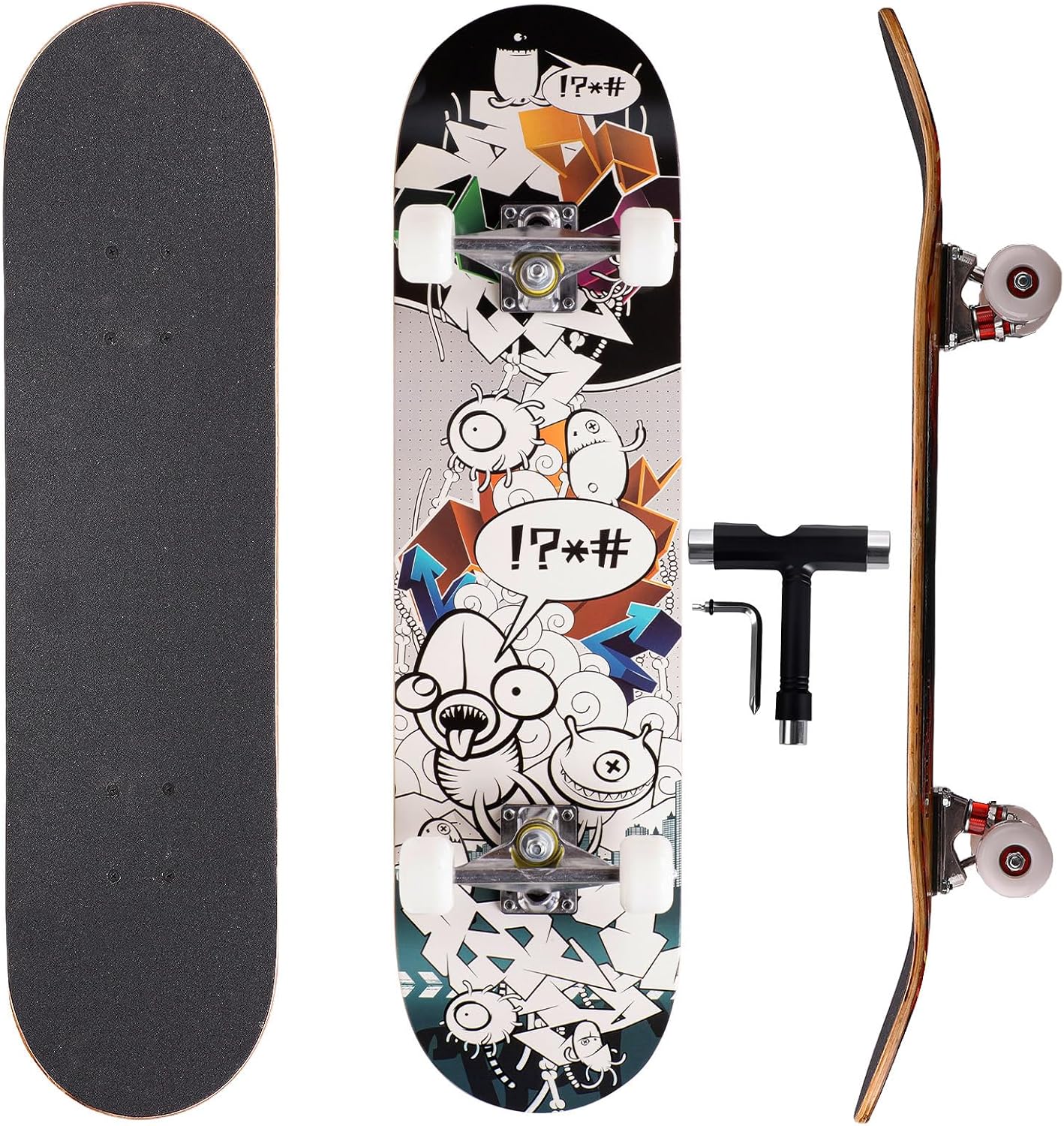Cartoon Professional Double Kick Skateboard, 31 inch Maple Deck, ABEC-11 Bearings, 95A PU Wheels