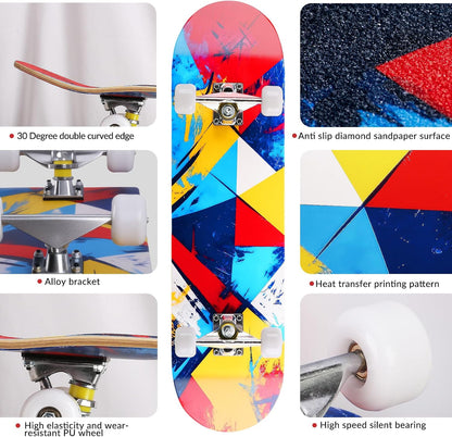 Cartoon Professional Double Kick Skateboard, 31 inch Maple Deck, ABEC-11 Bearings, 95A PU Wheels