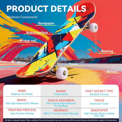 Cartoon Professional Double Kick Skateboard, 31 inch Maple Deck, ABEC-11 Bearings, 95A PU Wheels