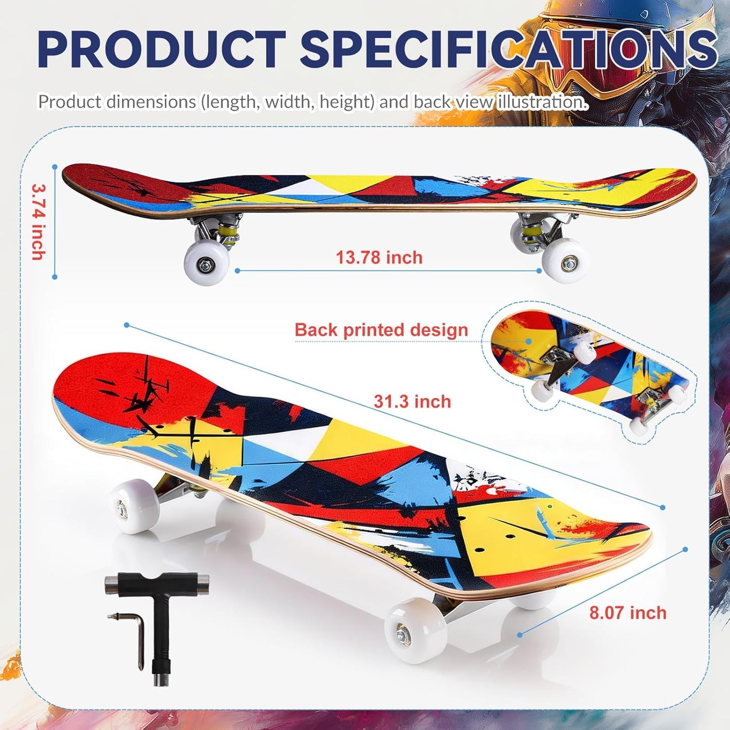 Cartoon Professional Double Kick Skateboard, 31 inch Maple Deck, ABEC-11 Bearings, 95A PU Wheels