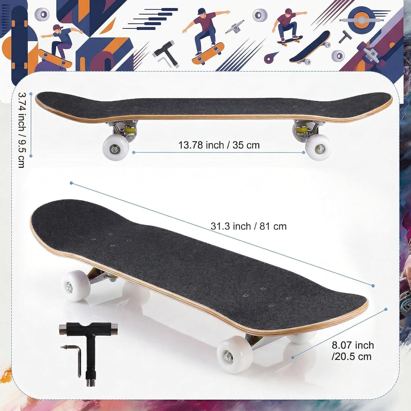 Cartoon Professional Double Kick Skateboard, 31 inch Maple Deck, ABEC-11 Bearings, 95A PU Wheels