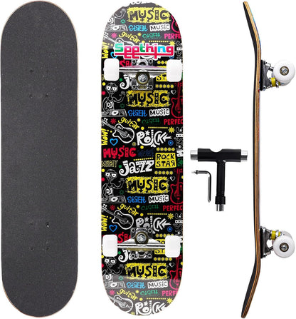 Cartoon Professional Double Kick Skateboard, 31 inch Maple Deck, ABEC-11 Bearings, 95A PU Wheels